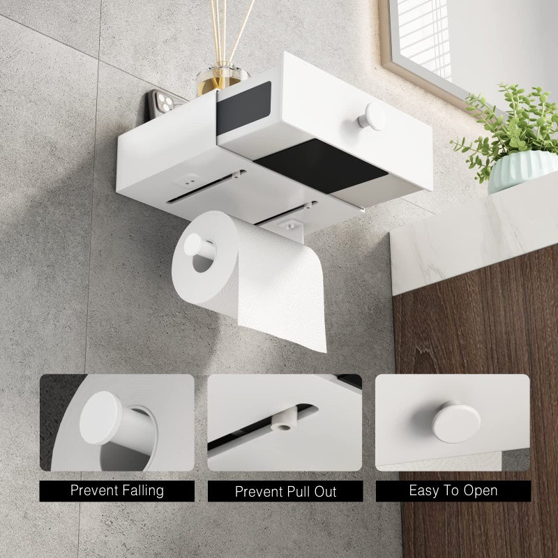 VOLDRA Toilet Paper Holder with Shelf White Wipes Dispenser for Bathroom Toilet Paper Holder with Storage Upgrade Drawer Design Toilet Tissue Holder Adhesive Small Bathroom Shelf Wall Mount - Image 3
